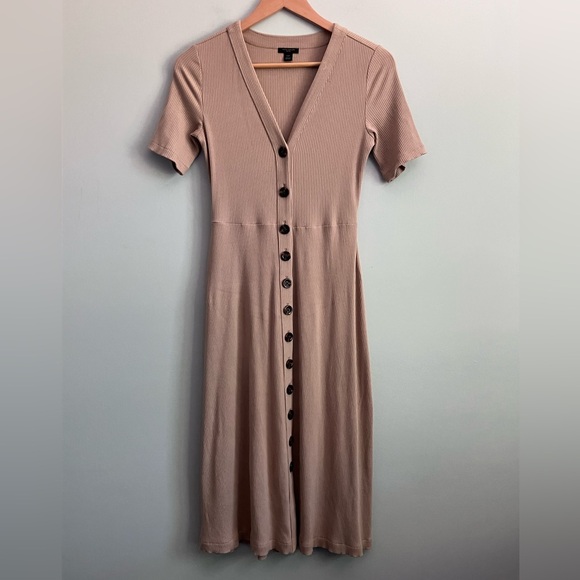 ANN TAYLOR Tan Ribbed Button Front Midi Dress Size XXSP - Picture 3 of 12